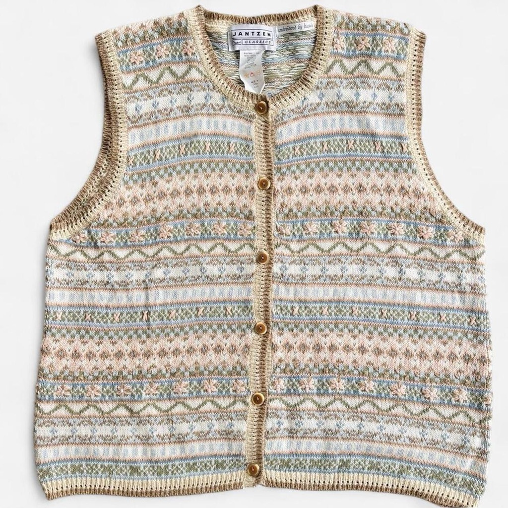 Vintage Jantzen Classics Knit Sweater Vest Xl Fair Isle Floral Embroidered Boho